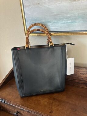 Trina Turk NWT $395 MSRP Leather Tote with Bamboo Handles